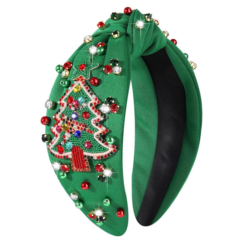 MOLOCH Christmas Headband for Women Beaded Green Christmas Tree Knotted Headband Jeweled Crystal Xmas Head Band Xmas Decorations Gifts - Image 1